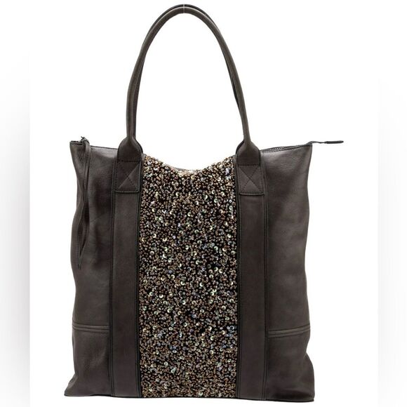 Large Allsaints Co LTD Leather tote Bag Olive with Sequin Panel 2 handles zip - Picture 1 of 11